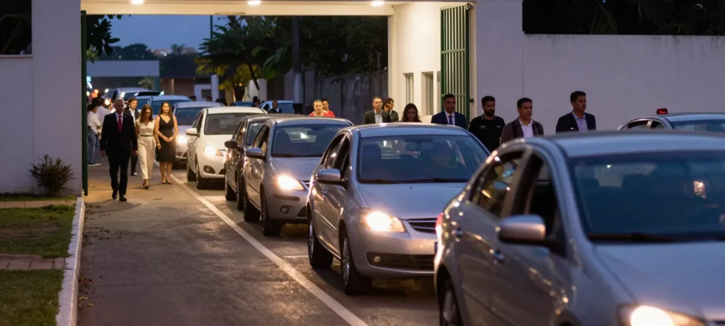 Imagem ilustrativa: fila de carros aguardando na portaria estreita de um espaco de eventos a noite