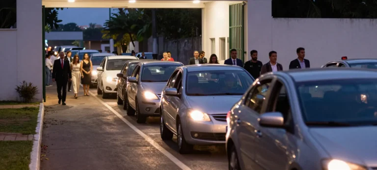 Imagem ilustrativa: fila de carros aguardando na portaria estreita de um espaco de eventos a noite