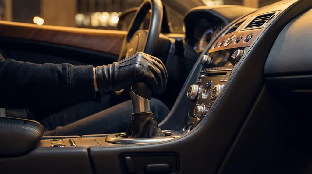 Imagem ilustrativa: mao na alavanca de cambio manual em interior de carro premium