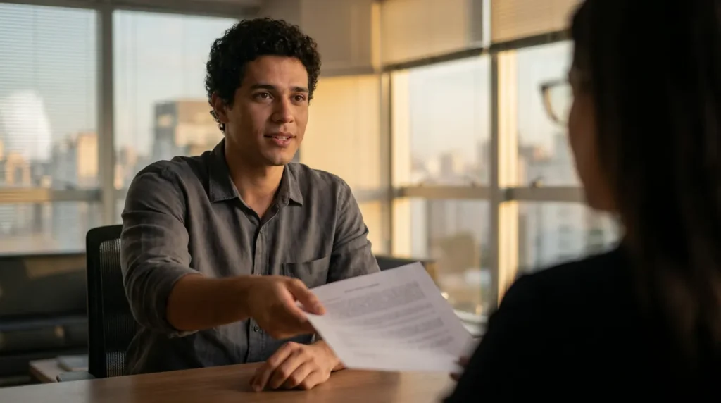 Imagem ilustrativa: jovem entregando curriculo em entrevista de emprego