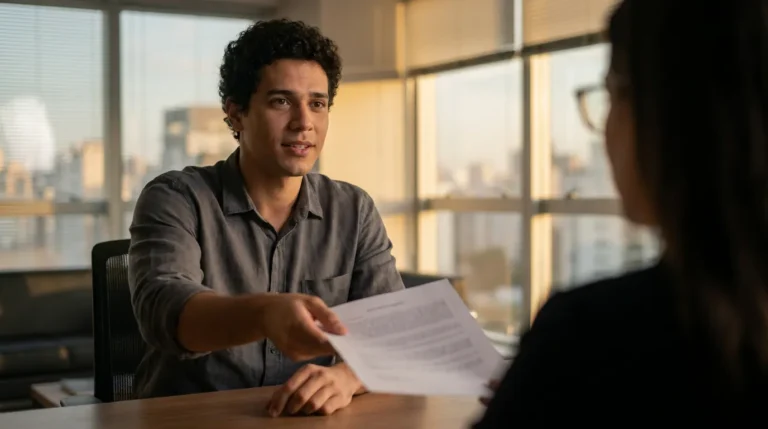 Imagem ilustrativa: jovem entregando curriculo em entrevista de emprego