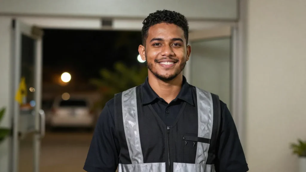 Imagem ilustrativa: manobrista jovem de uniforme e colete refletivo na entrada de um evento a noite
