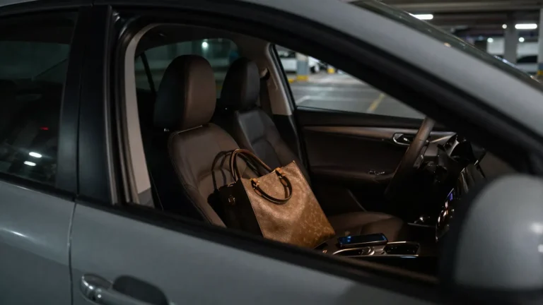 Imagem ilustrativa: bolsa e celular deixados no banco de um carro estacionado a noite