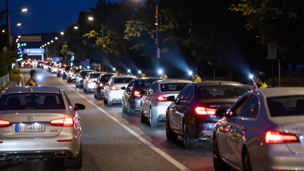 Imagem ilustrativa: fila de carros deixando o evento ao mesmo tempo, com manobristas orientando o transito