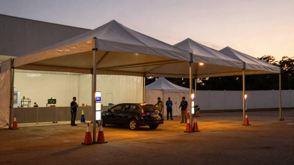 Imagem ilustrativa: tenda de desembarque com cones e sinalizacao na entrada de um evento