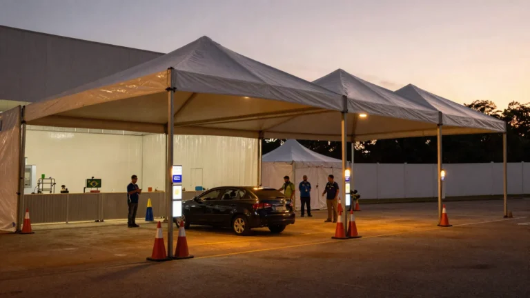 Imagem ilustrativa: tenda de desembarque com cones e sinalizacao na entrada de um evento