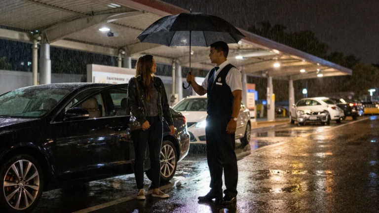 Imagem ilustrativa: manobrista com guarda-chuva no desembarque coberto durante chuva
