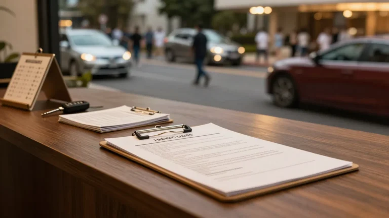 Imagem ilustrativa: prancheta com contrato de servico e chaveiro numerado no balcao de recepcao do valet, com carros chegando ao fundo