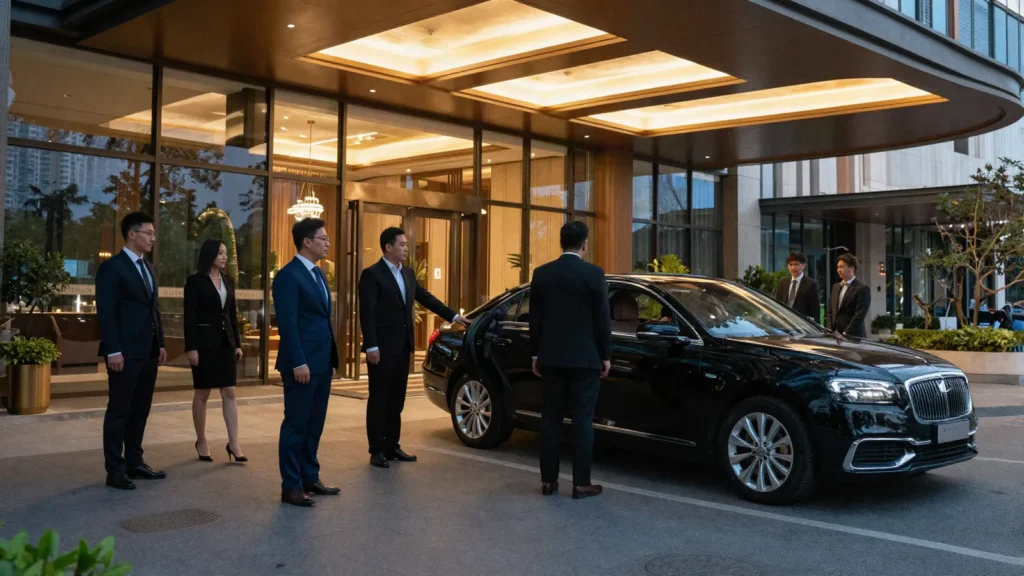 Imagem ilustrativa: chegada de convidados com valet na entrada de um hotel em evento corporativo