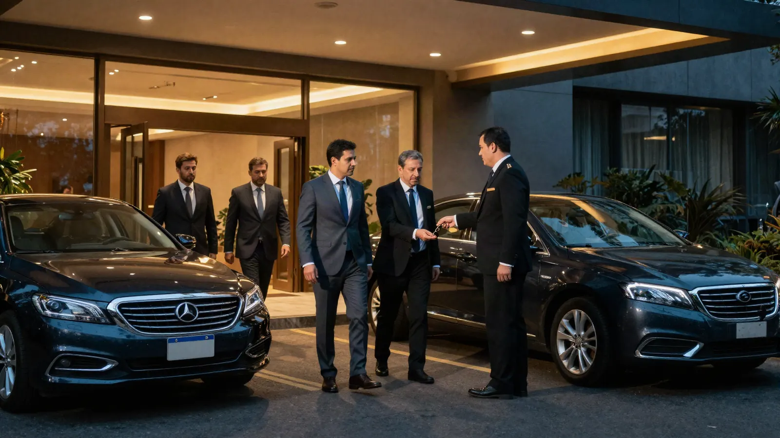 Imagem ilustrativa: chegada de executivos com valet em evento corporativo em hotel