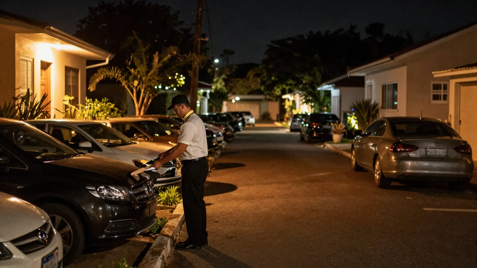 Imagem ilustrativa: manobrista organizando carros em rua residencial durante festa em casa