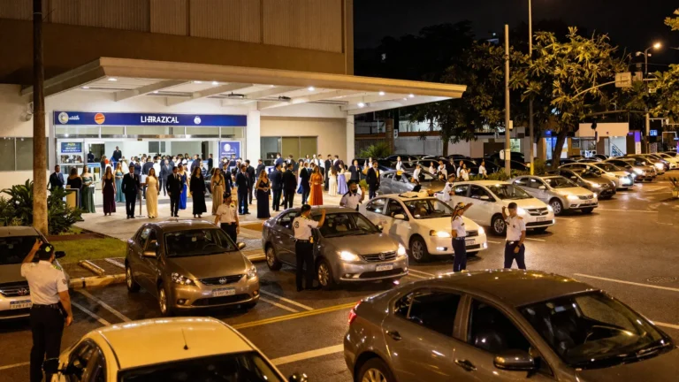Imagem ilustrativa: fila de carros e manobristas coordenando a chegada em formatura