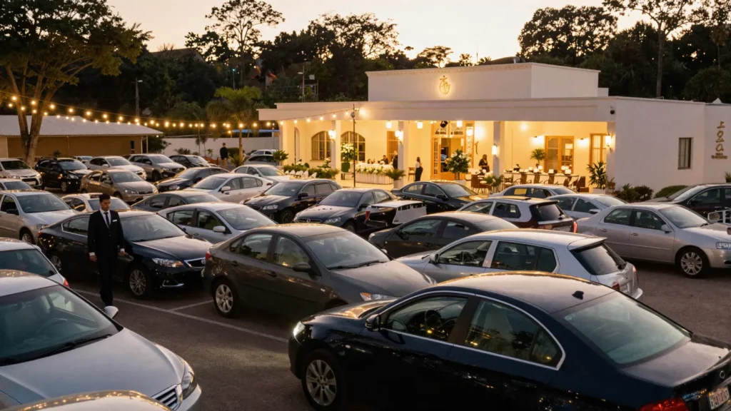 Imagem ilustrativa: patio de estacionamento cheio ao lado de um espaco de casamento iluminado ao entardecer