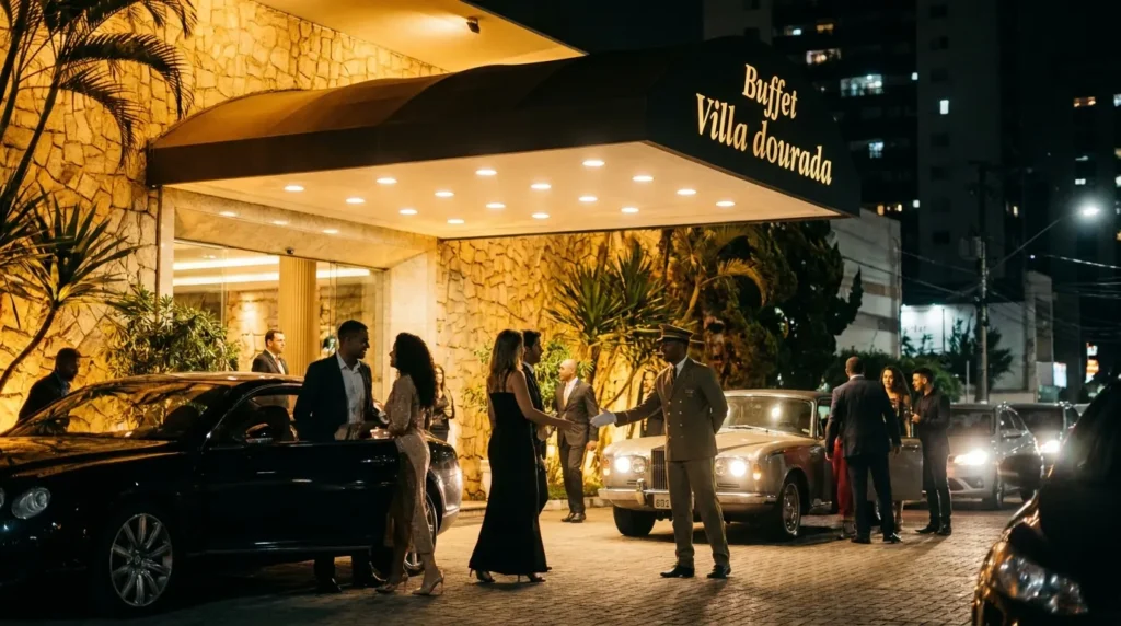 Imagem ilustrativa: entrada iluminada de buffet com manobrista recebendo os convidados