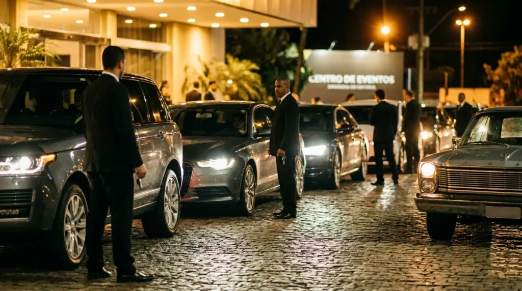 Imagem ilustrativa: carros alinhados e prontos na saida do evento, sem fila