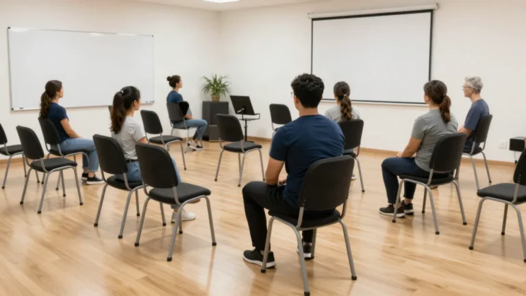 Imagem ilustrativa: sala de treinamento profissional com instrutor e cadeiras em semicirculo