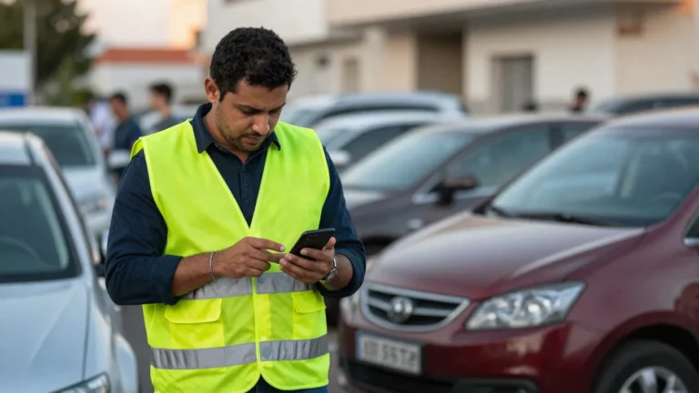 Imagem ilustrativa: manobrista autonomo conferindo o celular ao lado de carros de evento