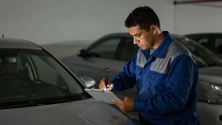 Imagem ilustrativa: manobrista fazendo vistoria de avarias no veiculo antes de estacionar